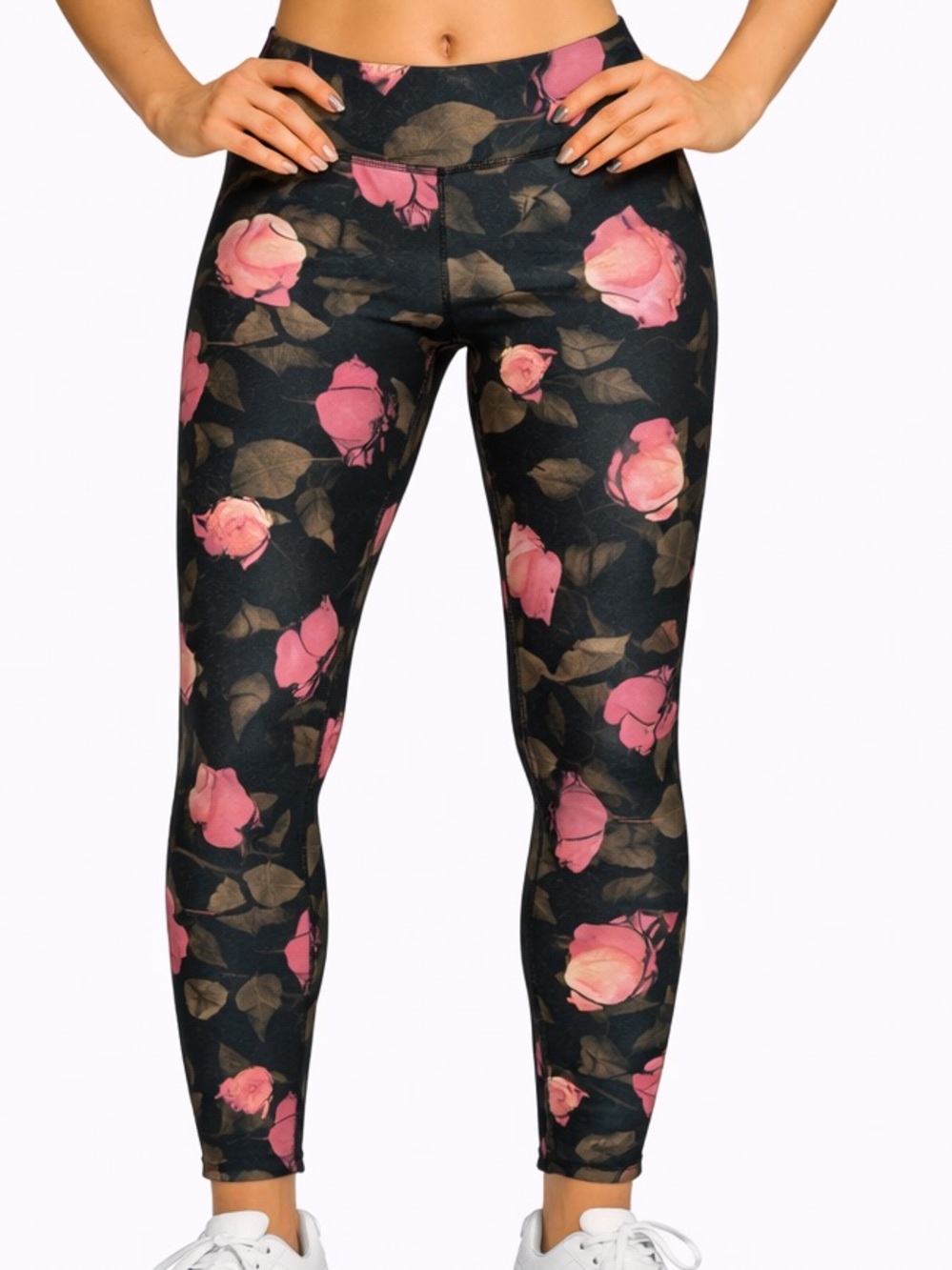Fabletics Black Leggings with Pink Rose Floral Print